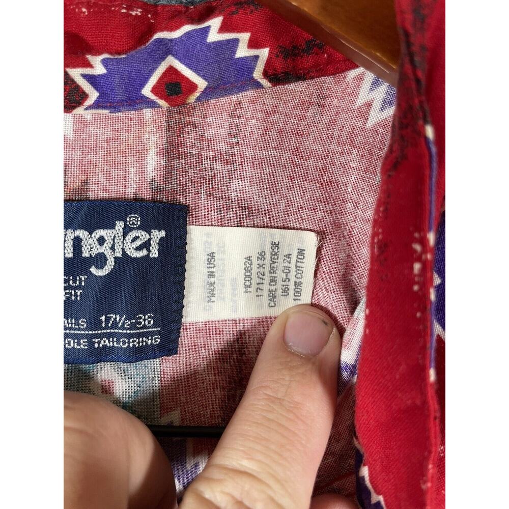 Vintage Wrangler Button Up Extra Long Tail Shirt Men's 17.5-36 Red Cowboy - Picture 8 of 14